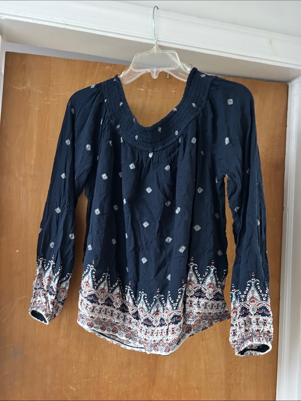 Cape Juby Navy Embroidered Peasant Blouse with Red & White Accents